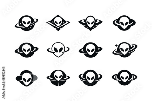 Alien Logo Variations. Aliens. Icon set. Set Logo of aliens: alien planet emblem. harmonious logo variations of the same emblematic concept, each