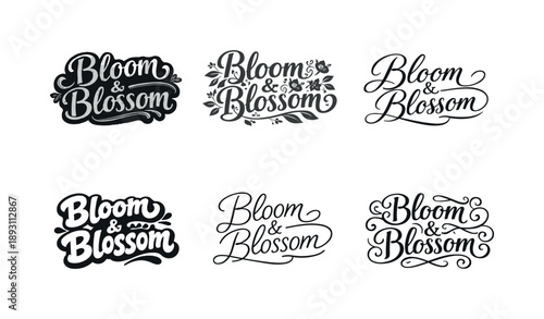 Bloom and Blossom Ensemble. Bloom and blossom lettering. Set lettering. harmonious lettering variations of the same emblematic concept, each with different