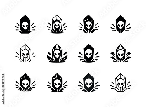 Alien Crystal Logos. The search for ancient extraterrestrial life. Icon set. Set Logo of the search for ancient extraterrestrial life: alien energy crystal.