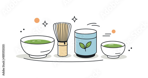 Tea Ritual Essentials. Tea ritual accessories. Bowl, whisk, tea caddy, and cup arranged in a tidy composition, highlighting tradition, balance, and calm