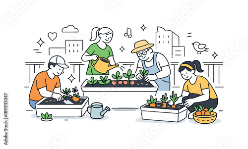 Urban Balcony Gardening. City gardening together. Small group of people planting herbs and vegetables in containers on balconies or terraces. Calm teamwork and