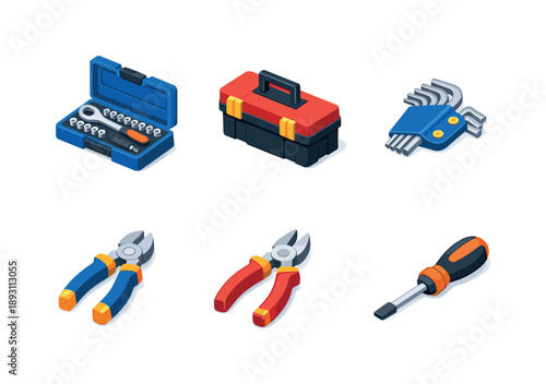 Isometric Tool Icons. Repair tools. Isometric flat vector icons set of Repair tools: socket wrench set, repair toolbox, hex key set, wire cutter tool, repair