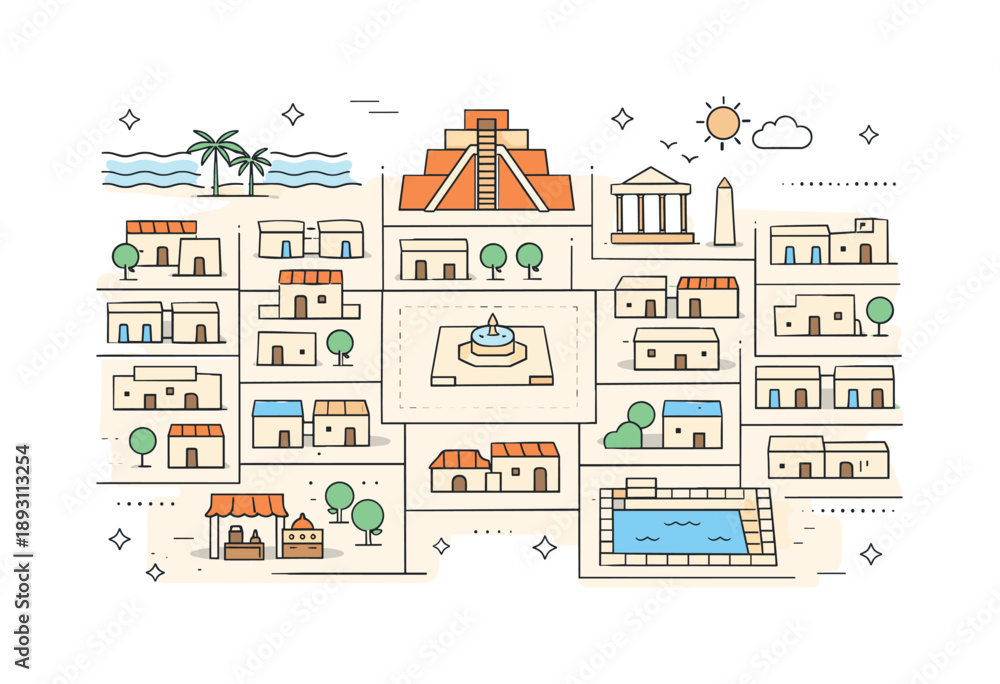 Obraz premium Ancient City Planning. The history of the world?s first civilizations (Mesopotamia, Indus Valley) ? urban planning. Simple grid-like city layout with houses,