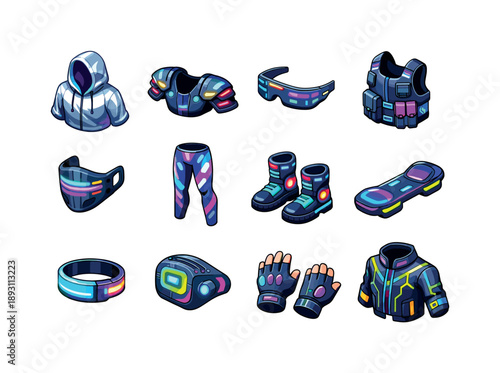 Neo-Future Outfit Icons. Neo-future outfits. Colorful isometric vector icons set of Neo-future outfits: chrome hoodie, LED shoulder pads, augmented glasses,