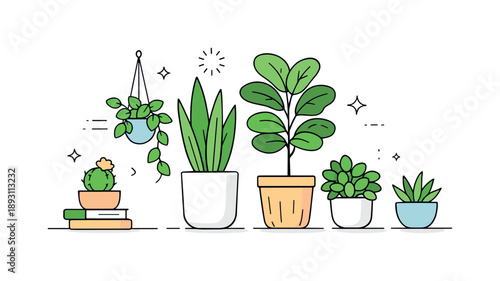 Minimal Indoor Greenery. Indoor greenery decor minimal style. Simple collection of potted plants arranged symmetrically, focusing on form, spacing, and natural