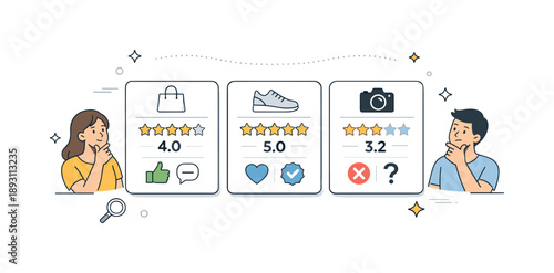 Product Ratings Comparison. Comparing product ratings. Several product cards displayed side by side with different star scores and icons. The scene suggests