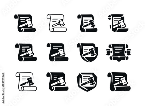 Judge Decision Logos. judge?s decision written on paper. Icon set. Set Logo of judge?s decision written on paper: decision scroll icon. harmonious logo
