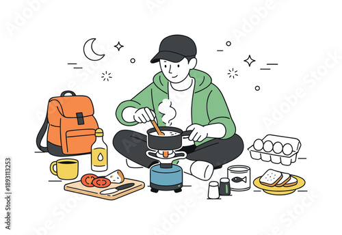 Camping Cooking Moment. Camping cooking moment. A person preparing a simple meal on a portable stove with cookware and food supplies. Practical outdoor