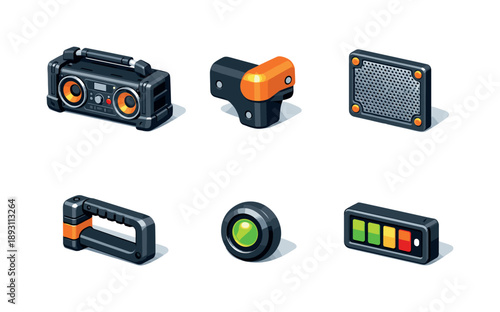Urban Stereo Icons. Urban stereo gear. Isometric flat vector icons set of urban stereo gear: rugged boombox casing, protective corner bumper, reinforced