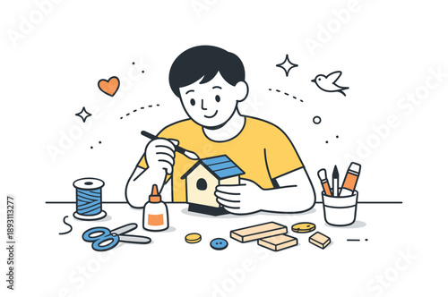 Handmade Crafting Scene. Creative hobbies. A person crafting or assembling handmade objects at a table. Calm hands-on activity and satisfaction from making