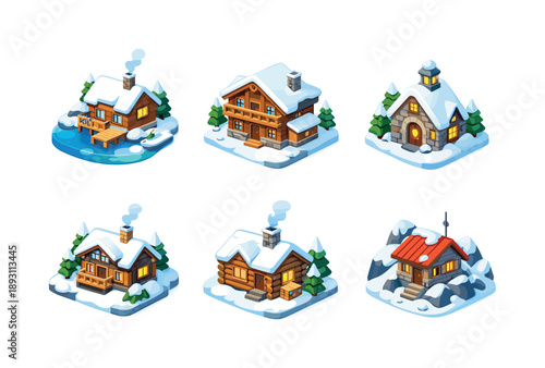 Colorful Snow Cottages. Snow Cottages and Lodges. Isometric flat vector icons set of Snow Cottages and Lodges: winter lakeside cabin, alpine wooden lodge, snow