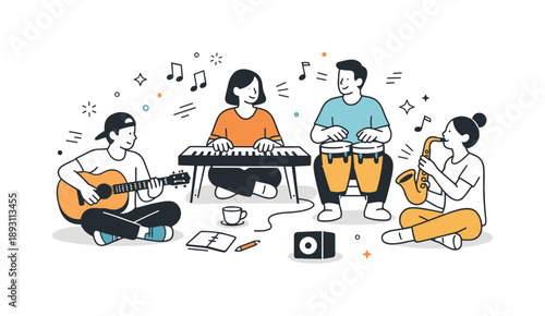 Music Jam Session. Music jam session practice. Small group experimenting with melodies and rhythms in an informal setting. Focused creativity and shared