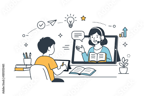 Virtual Tutoring Session. Virtual one-on-one tutoring. A student studies at a desk with a tablet while a tutor appears on screen, offering personalized