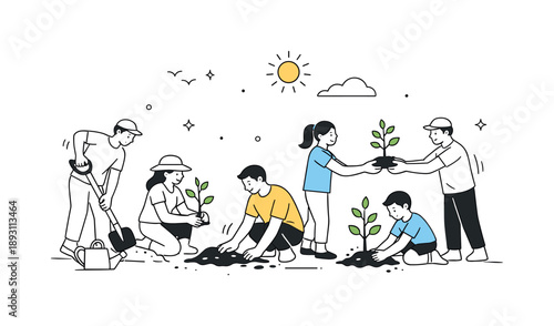 Sustainable Planting Initiative. Tree planting activity. People digging soil and placing saplings, cooperative gestures and peaceful outdoor mood. Editorial