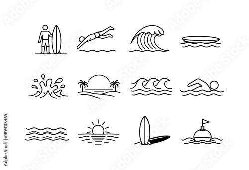 Surf and Swim Icons. Surf and Swim. Line icon set of Surf and Swim: surfer nearby, swimmer diving, wave crest, floating board, ocean spray, beach horizon, tide