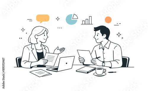 Collaborative Business Exchange. Business meeting. Two professionals exchanging ideas across a table, calm collaboration and mutual understanding in a modern