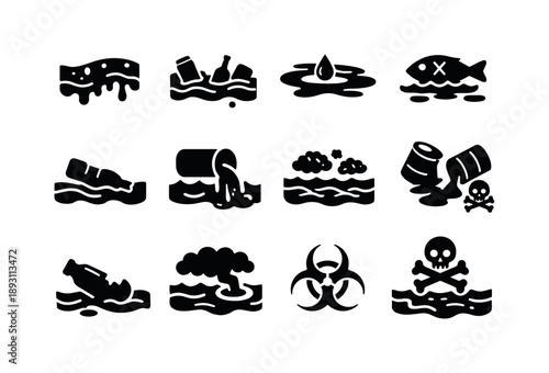 Polluted Stream Icons. Polluted stream. Solid icon set of Polluted stream: dirty water, trash in stream, oil slick, dead fish, plastic bottle, water pipe,