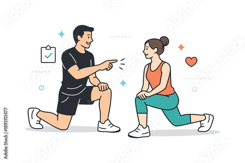 Personal Trainer Coaching. Personal trainer coaching. Trainer demonstrating a simple movement while the client follows attentively. Clear instruction and safe