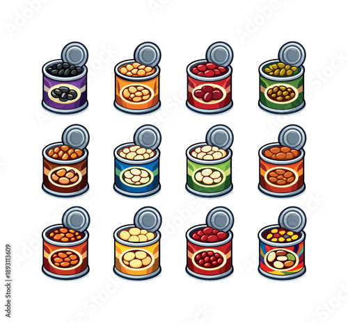 Colorful Canned Beans Icons. Canned Beans. Colorful isometric vector icons set of Canned Beans: canned black beans, canned chickpeas, canned kidney beans,