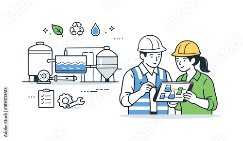 Sustainable Water Solutions. Water treatment and waste management solutions. Engineers reviewing clean water flow diagrams on a tablet beside simple tanks and