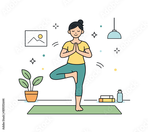 Serene Yoga Pose. Yoga and stretching. A person holding a simple yoga pose in a quiet home environment. The illustration communicates balance, mindfulness, and