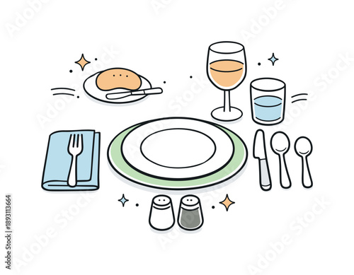 Elegant Table Setting. Restaurant atmosphere details. A table setting with plates, cutlery, and glasses arranged carefully, suggesting readiness and care. The