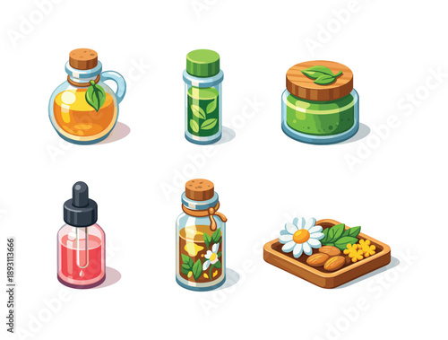 Natural Extract Icons. Natural Extracts. Isometric flat vector icons set of Natural Extracts: plant oil bottle, leaf-infused vial, botanical extract jar,