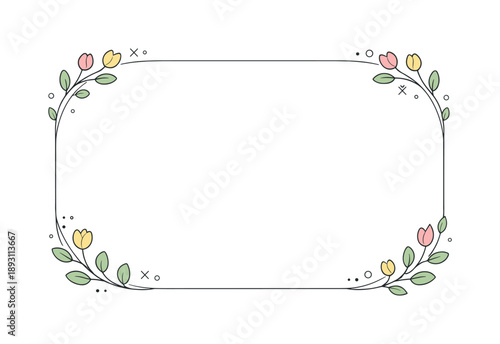 Spring Floral Frame. Spring floral frame. Rounded rectangular border with small buds and leaves softly connected by thin lines. Calm spring mood, elegant