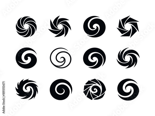 Black Emblem Variations. Black. Icon set. Set Logo of black: abstract dark void spiral. harmonious logo variations of the same emblematic concept, each with
