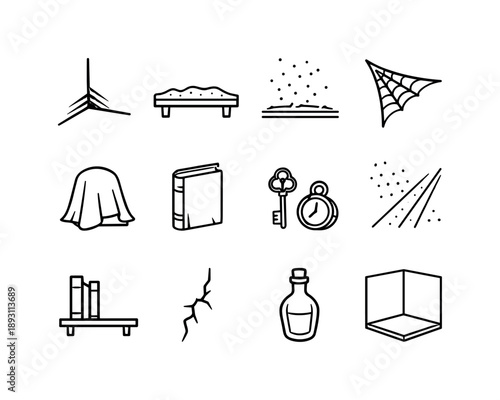 Forgotten Corner Icons. Forgotten Corner. Line icon set of Forgotten Corner: corner shadow, shelf dust layer, settled particles, cobweb triangle, hidden