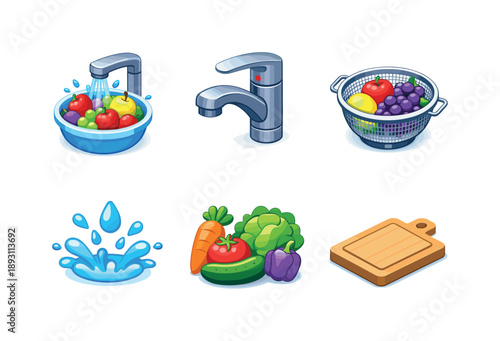 Clean Food Icons. Clean Food Prep. Isometric flat vector icons set of Clean Food Prep: fruit rinsing process step, kitchen faucet close-up, mesh