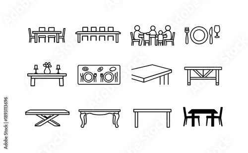 Dining Table Icons. Dining Table. Line icon set of Dining Table: dining table with chairs, long dining table, family dining table, table place setting, table