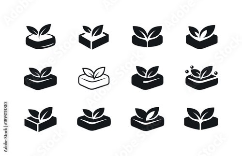 Soap Emblem Icons. Soap. Icon set. Set Logo of soap: natural soap leaf emblem. harmonious logo variations of the same emblematic concept, each with different