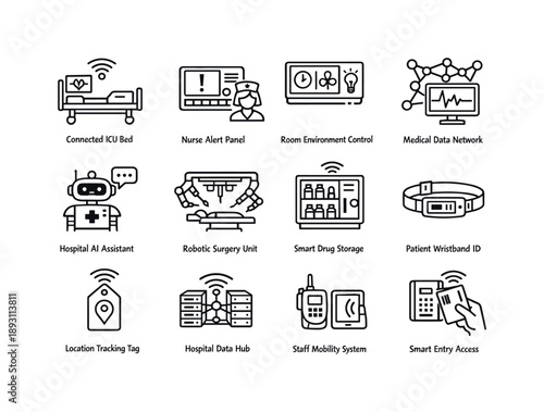 Smart Hospital Icons. Smart Hospital Infrastructure. Line icon set of Smart Hospital Infrastructure: connected ICU bed, nurse alert panel, room environment