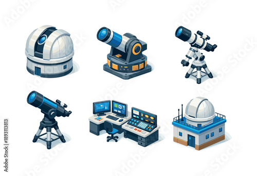 Observatory Icon Grid. Observatory Equipment. Isometric flat vector icons set of Observatory Equipment: large dome telescope, rotating telescope
