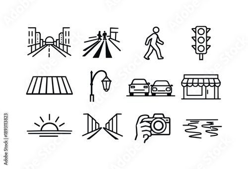 Street Sunset Icons. Street Sunset Photography. Line icon set of Street Sunset Photography: urban street view, long shadows, pedestrian silhouette, traffic