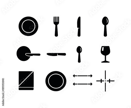 Place Setting Icons. Place setting layout. Solid icon set of Place setting layout: plate center, fork left, knife right, spoon right, napkin placement, glass