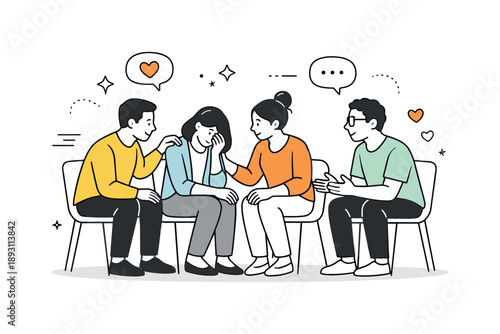 Supportive Group Connection. Group counseling emotional support. Participants offering reassurance with gentle gestures and attentive body language. Empathy,
