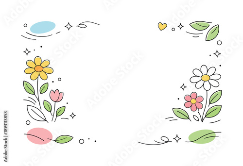 Spring Abstract Banner. Spring social media banner. A light abstract scene with blooming flowers, soft leaves and floating shapes framing empty space for text.