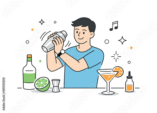 Cocktail Mixing Artistry. Cocktail mixing process. A simple scene of a person shaking a cocktail in a shaker or pouring ingredients into a glass, showing