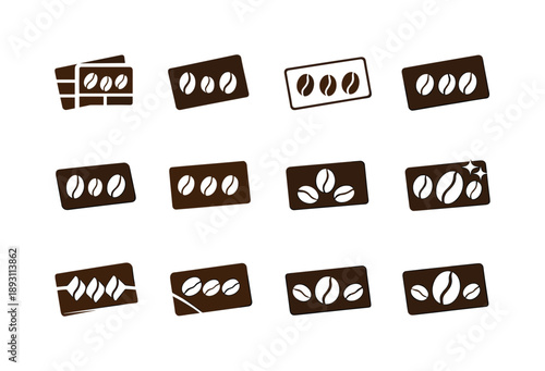 Coffee Loyalty Logos. Coffee loyalty card. Icon set. Set Logo of Coffee loyalty card: loyalty card with coffee bean symbols. harmonious logo variations of the