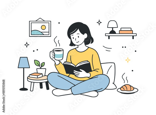 Cozy Reading Haven. Reading at home illustration. Cozy indoor scene with a character sitting with a book and a warm drink, expressing calm leisure time. Clean