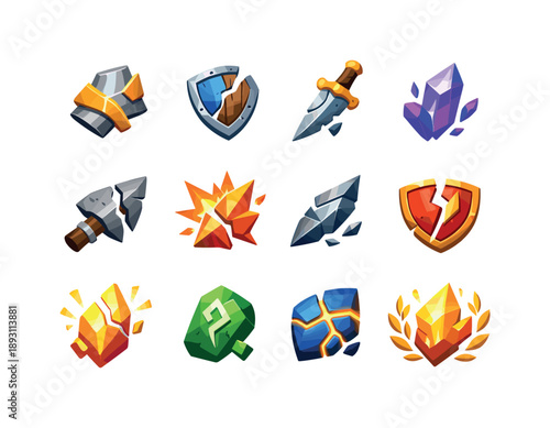 Battle Shards Icons. Battle Shards. Colorful flat vector icons set of Battle Shards: armor fragment, shattered shield chip, sword shard, magic crystal chip,