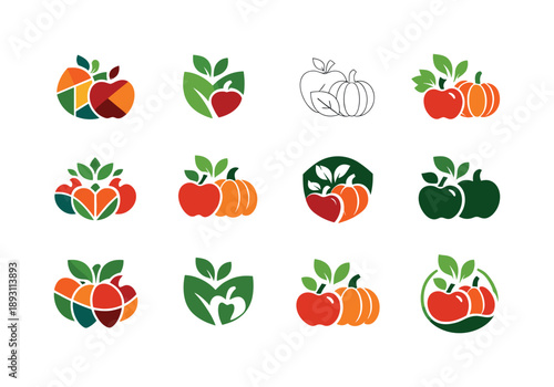 Seasonal Produce Icons. Seasonal fruits and vegetables. Icon set. Set Logo of Seasonal fruits and vegetables: apple, pumpkin, and leafy greens. harmonious logo