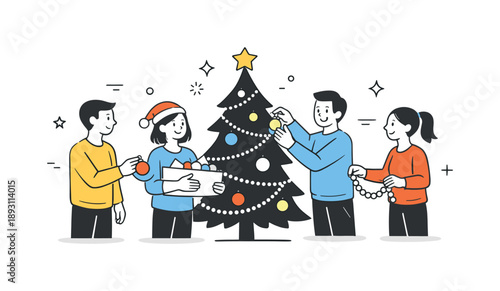 Festive Tree Decorating. Decorating New Year tree teamwork. Friends passing decorations and smiling near the tree. Friendly collaboration and shared festive