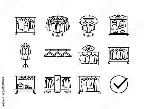 Clothing Display Icons. Clothing Display Rack. Line icon set of Clothing Display Rack: display garments, circular rack view, rotating showcase arrows, boutique