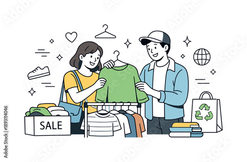 Sustainable Fashion Fun. Second hand shopping. Friends smiling while looking through second-hand clothes together. Relaxed social interaction and shared