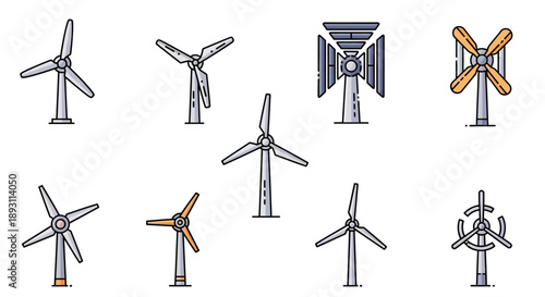 Collection of Renewable Energy Icons with Wind Turbines and Solar Panels, Representing Sustainable Power, on an Isolated White Background