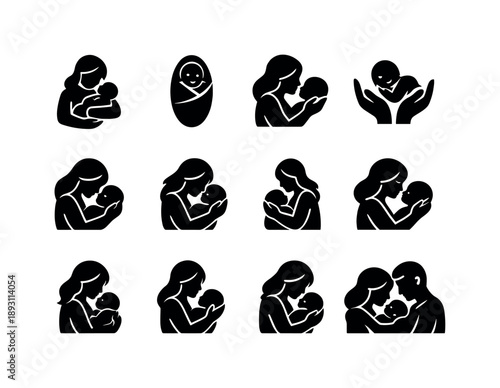 Mother-Newborn Icons. Mother and newborn bonding. Solid icon set of Mother and newborn bonding: mother holding baby, newborn swaddle, face to face, caring