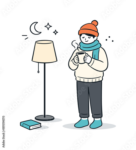 Cozy Winter Evening. Cozy winter evening. A person standing near a lamp, softly lit, wearing comfortable winter clothes. The scene suggests quiet time and
